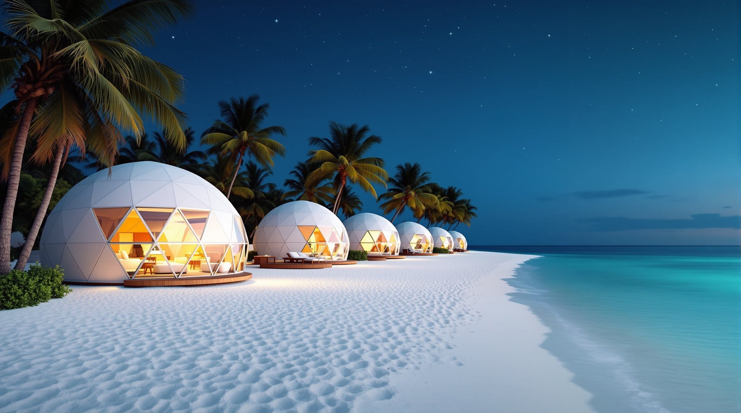 A tropical beach resort of geodesic domes at dawn, the sea calm and the sky just warming over the water