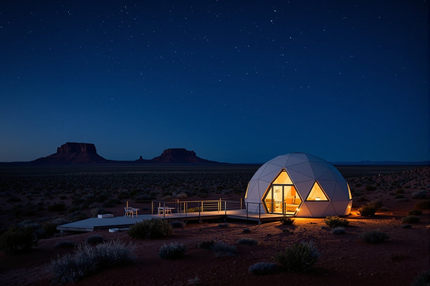 An off-grid geodesic dome home on red-rock desert flats at dusk, warm light glowing through its panels