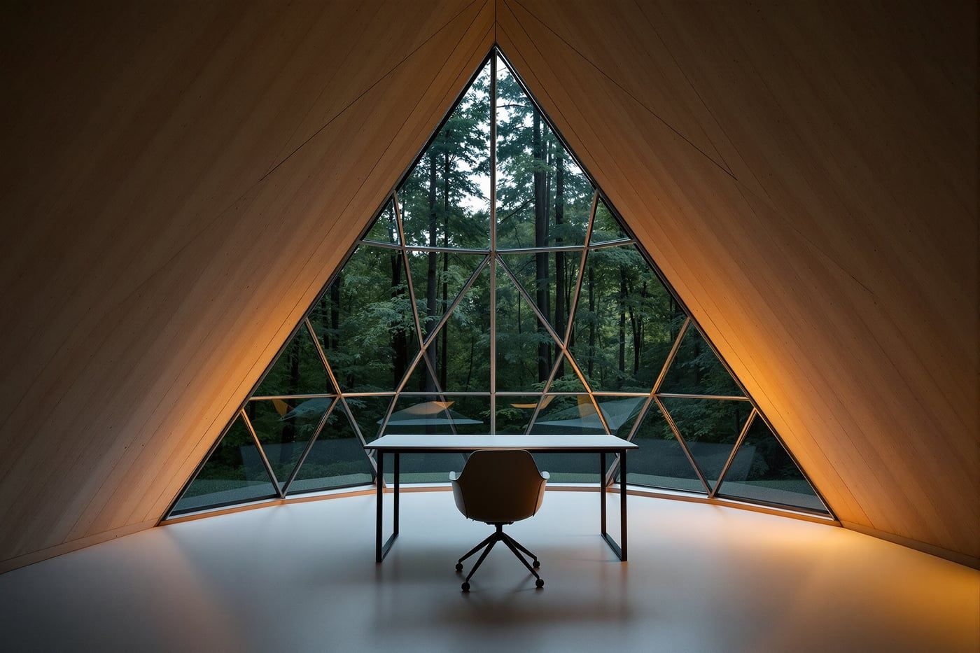 Inside a dome studio at night, forest framed through the glazing