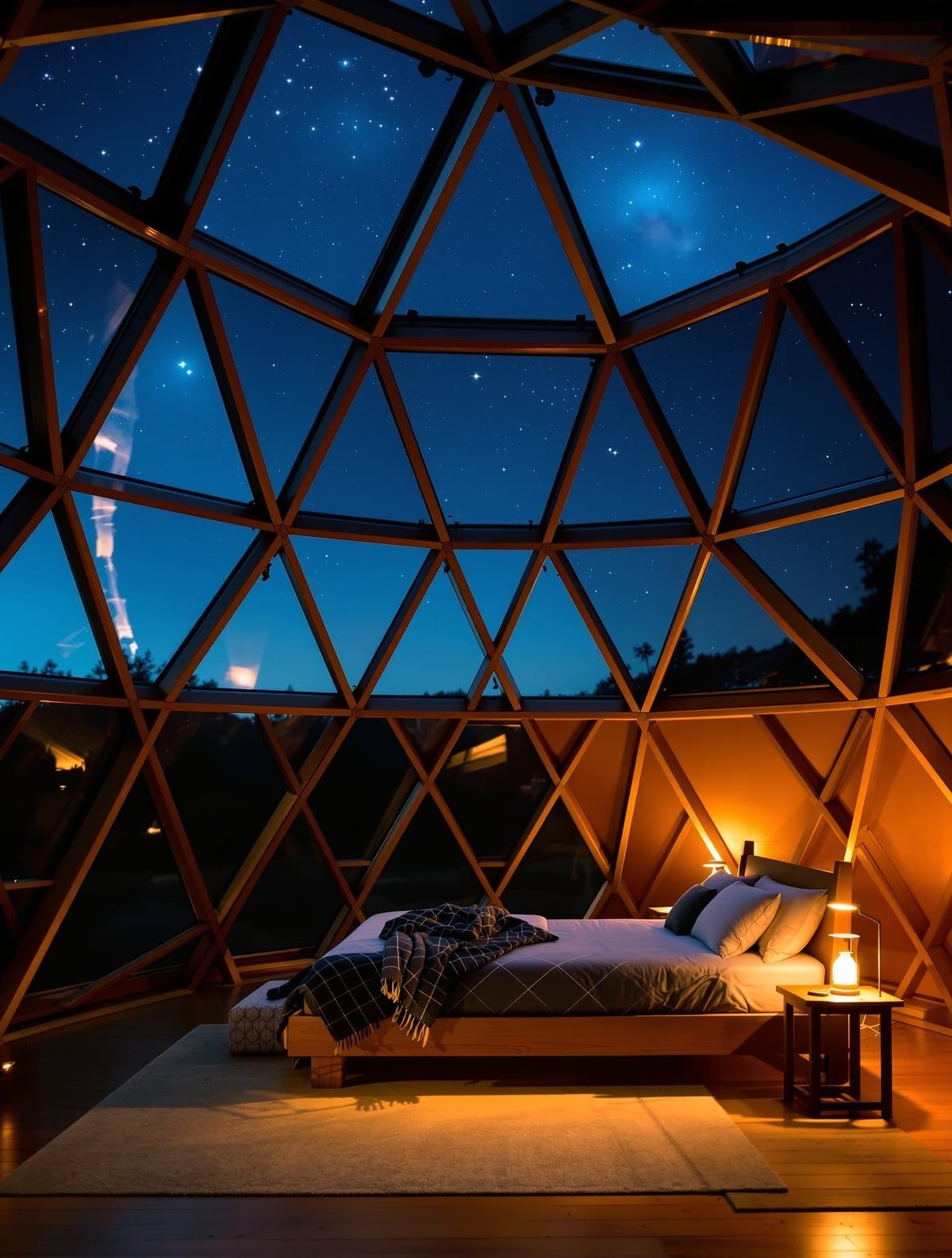 Inside a dome bedroom at night, warm lamplight and the first stars through the skylight triangles