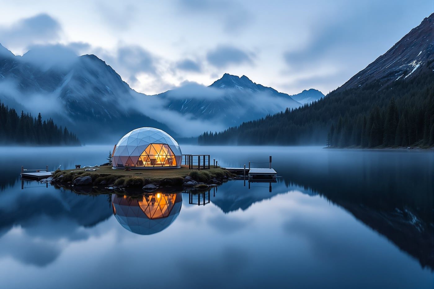 A geodesic glamping dome at the edge of a still alpine lake at dusk, warm light mirrored on the water
